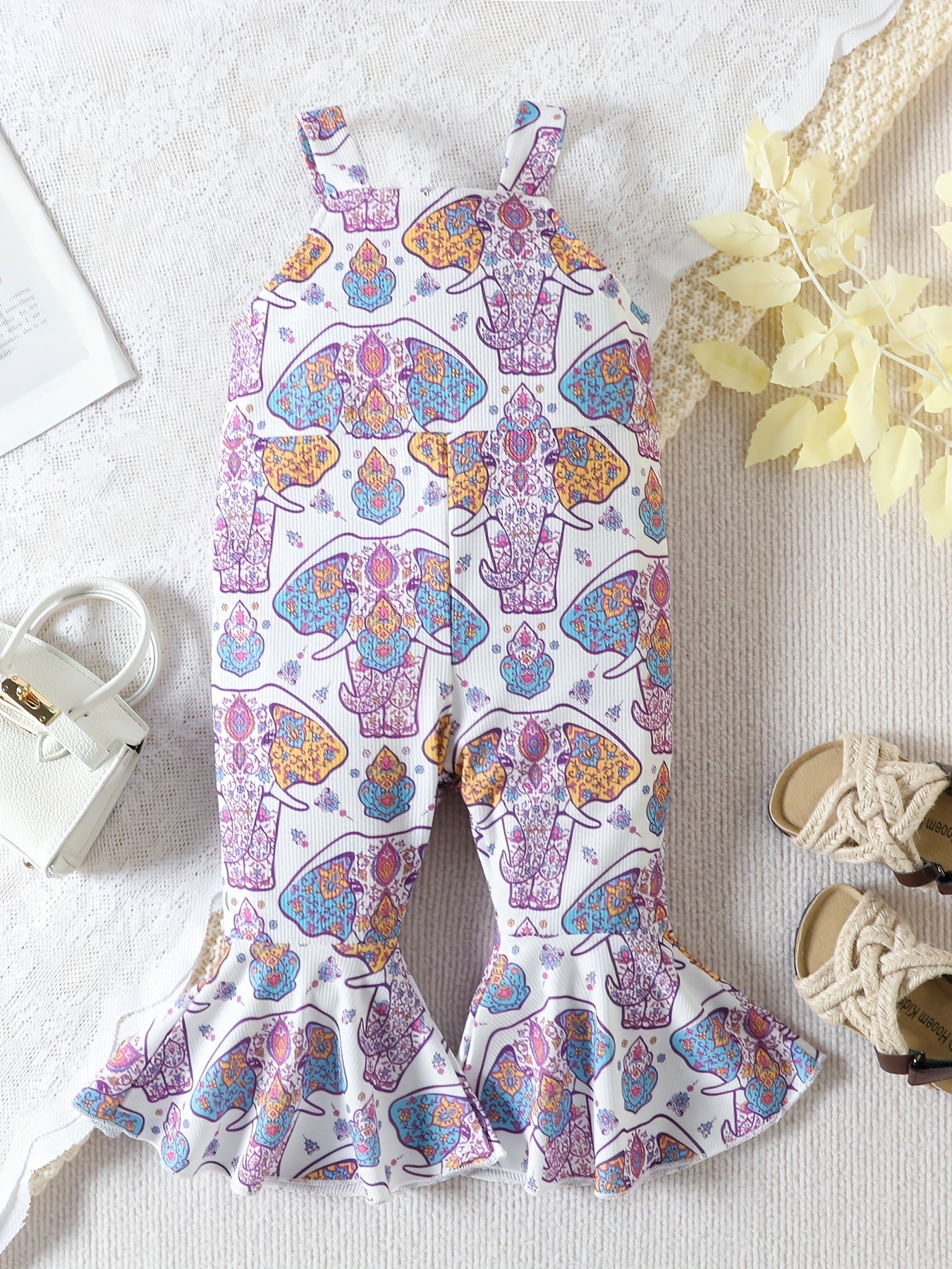 Toddler Girls Elephant Graphic Cami Rompers Flare Leg Pants Jumpsuit
