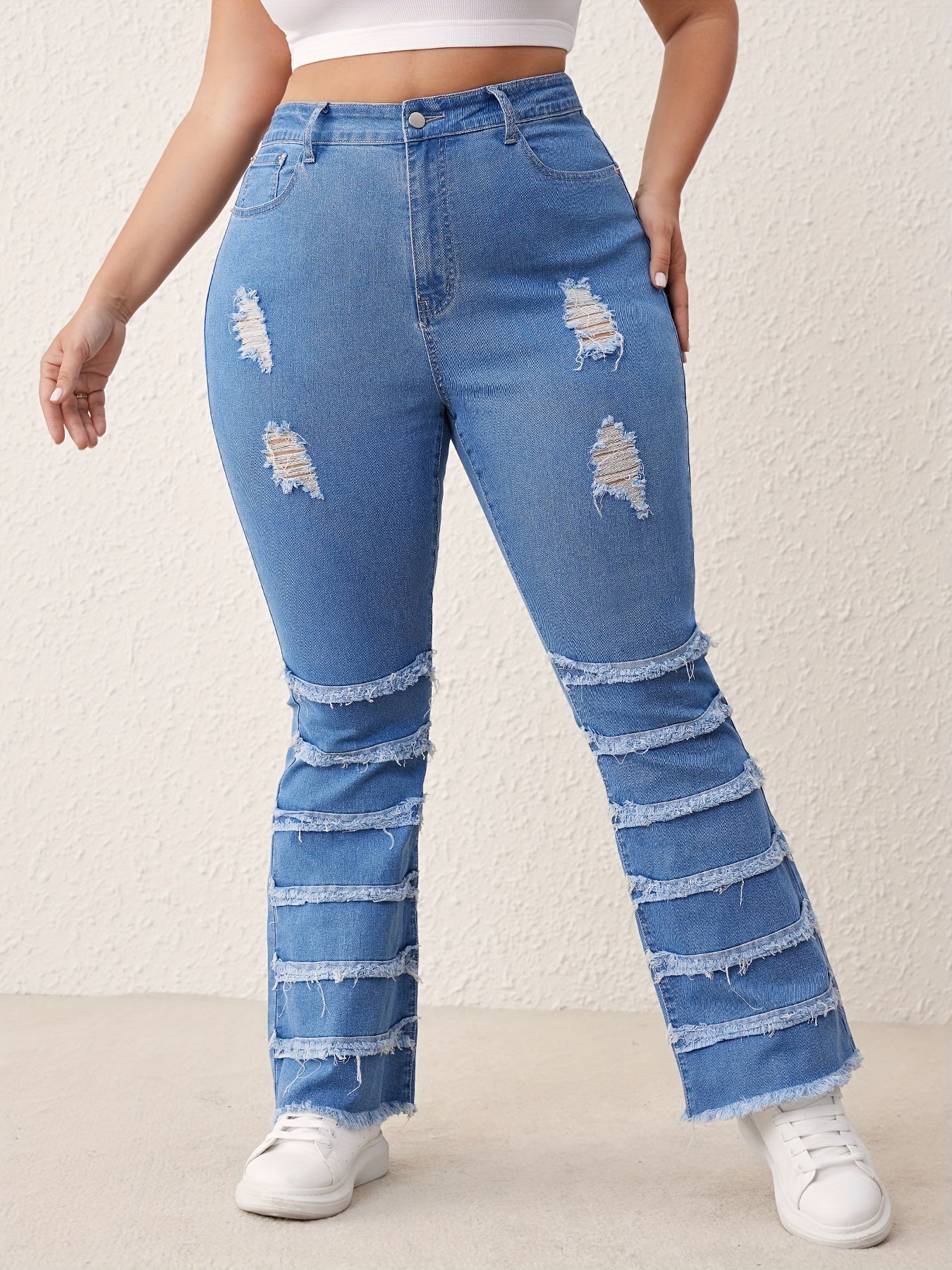 Casual Ripped Flare Jeans High Rise Button Fly Fringe Trim