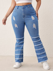Casual Ripped Flare Jeans High Rise Button Fly Fringe Trim
