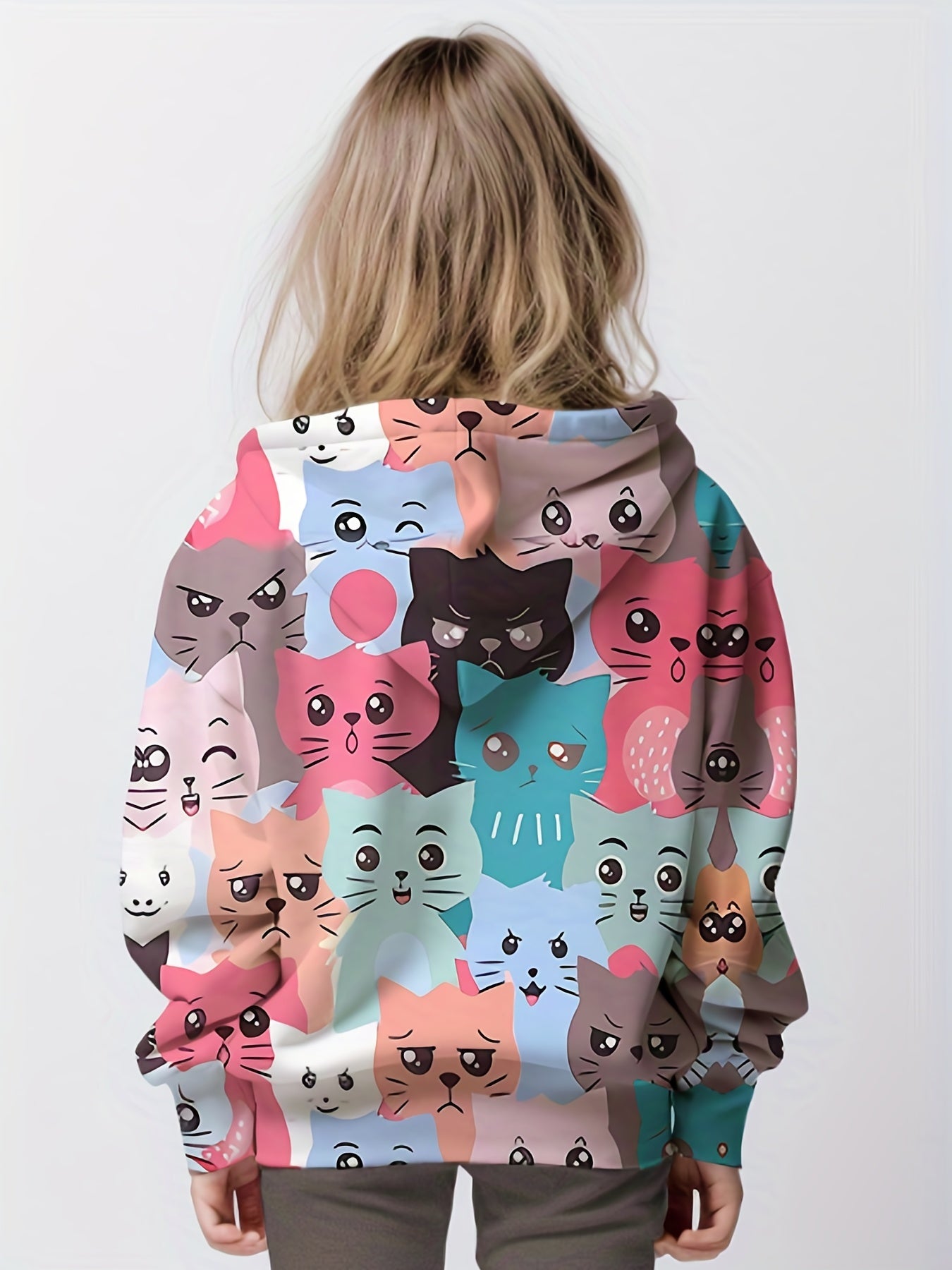 Girls' Colorful Cats Long Sleeve Hooded Sweatshirt Pullovers