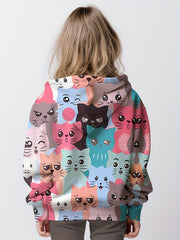 Girls' Colorful Cats Long Sleeve Hooded Sweatshirt Pullovers