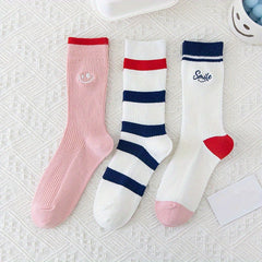 3 Pairs Striped Socks, Smiling Print, Comfy & Breathable, Mid Tube Stockings