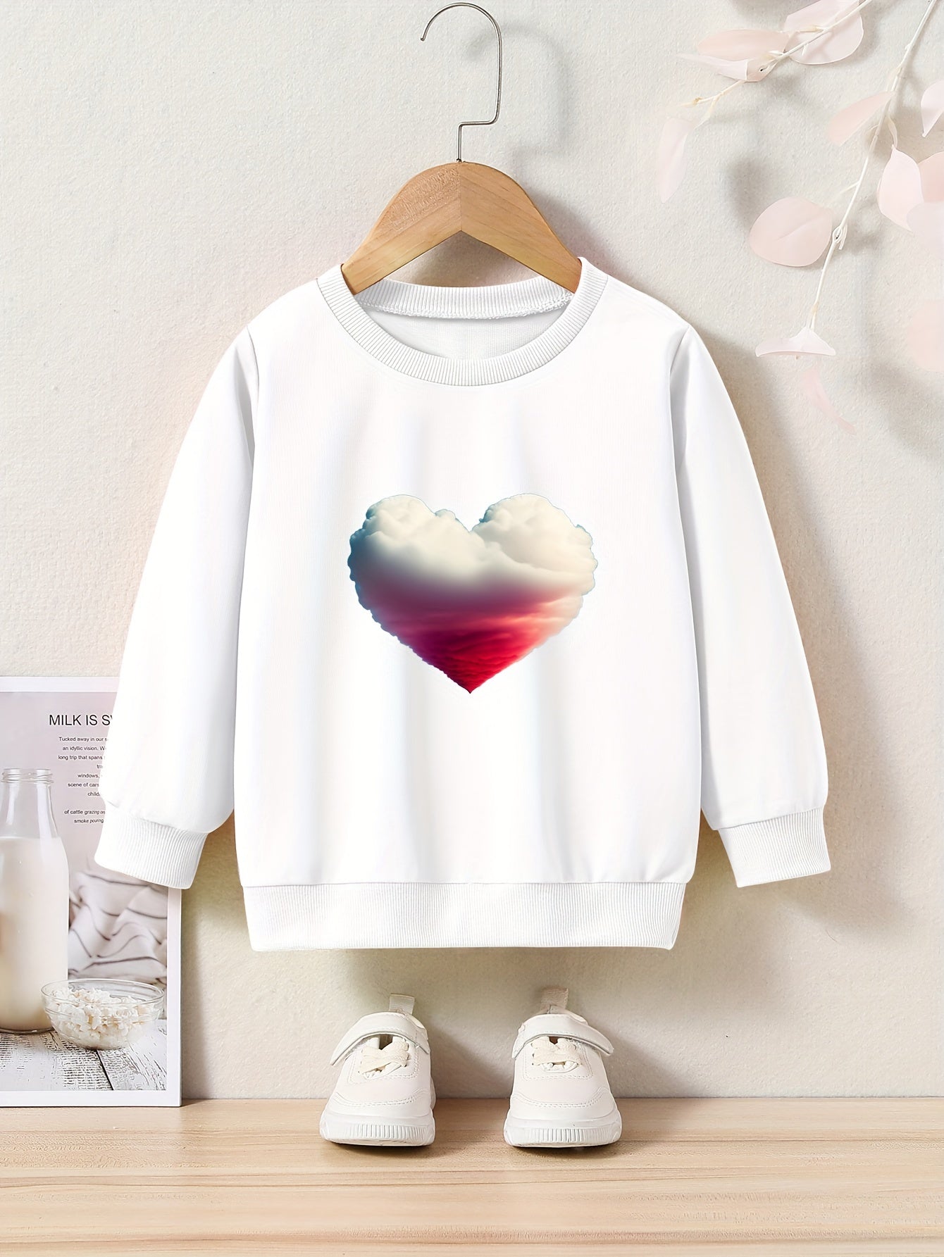 Heart Cloud Print Girls Pullover Sweatshirt Long Sleeve Crew Neck Tops