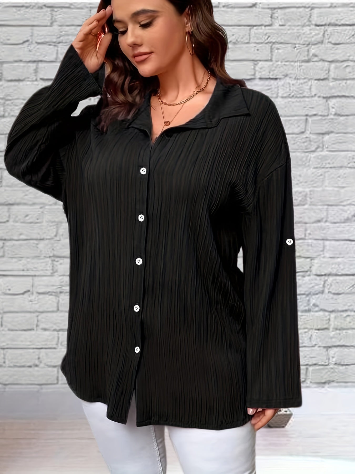 Button Up Roll Up Sleeve Blouse