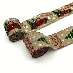 4 57M Christmas Ribbon Vintage Truck Wired Burlap Ribbon