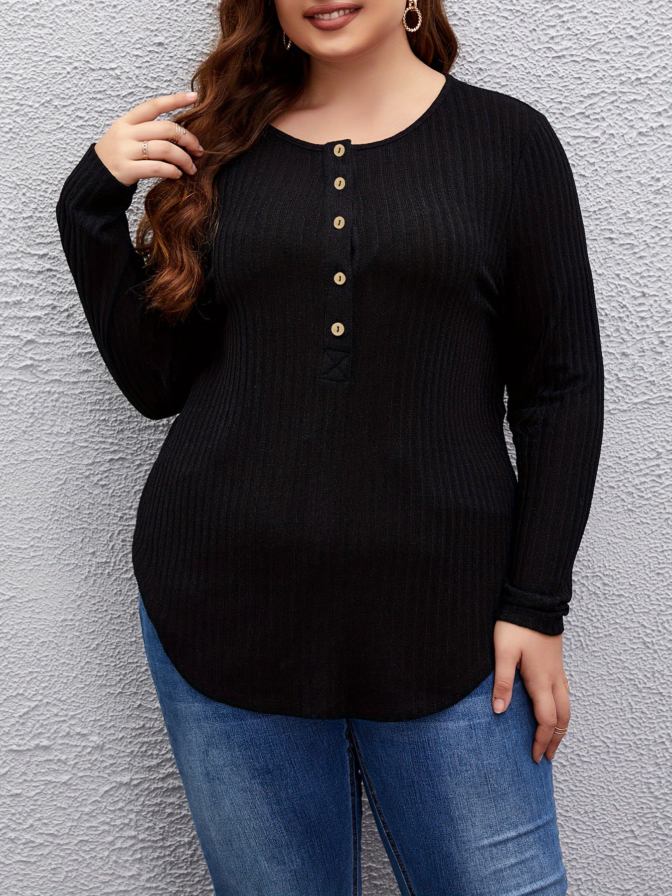 Casual Sweater Solid Button Decor Long Sleeve Crew Neck Top