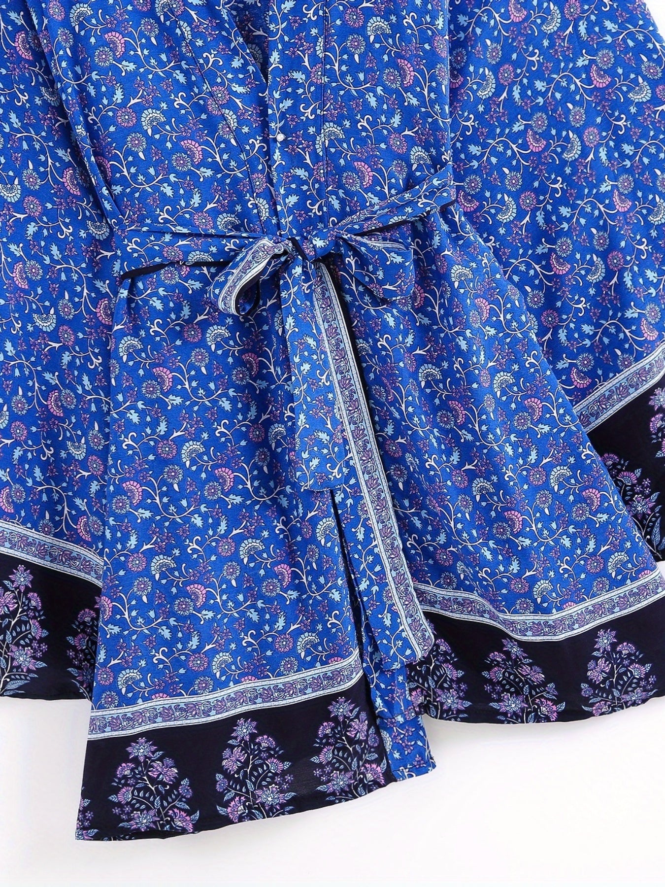 Floral Print Boho Style Cover Up Kaftan Long Sleeve Tie Belt Vacation