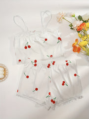 Cherry Print Pajama Set with Lace Trim Cami Top & Shorts