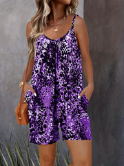Leopard Print Cami Romper Jumpsuit Backless Dual Pockets Women's Clothing
