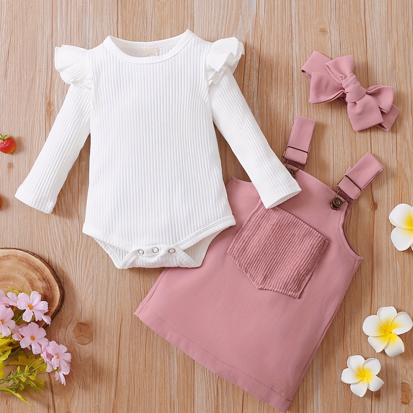 3pcs Baby Girls Ruffle Trim Onesie Dress Set