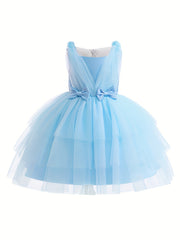 Princess Dress Birthday Girl Bow Decor Layered Tutu Dress
