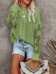 Lace Eyelet Knit Sweater Crew Neck Long Sleeve Women's Clothing