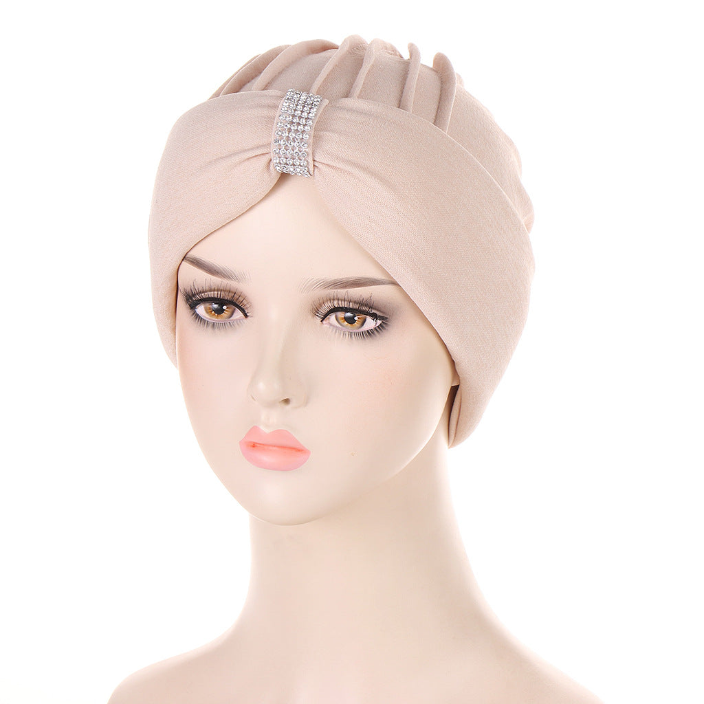 Colorful Women Head Scarf Turban Hat Rhinestone Beanie Pleated Headwrap