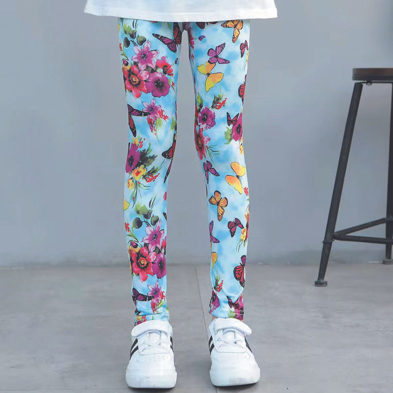 2pcs Girls Butterfly Pattern Leggings Elastic Printed Long Pants Summer Spring