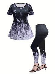 Women's Plus Glitter Floral Print Top & Leggings Set