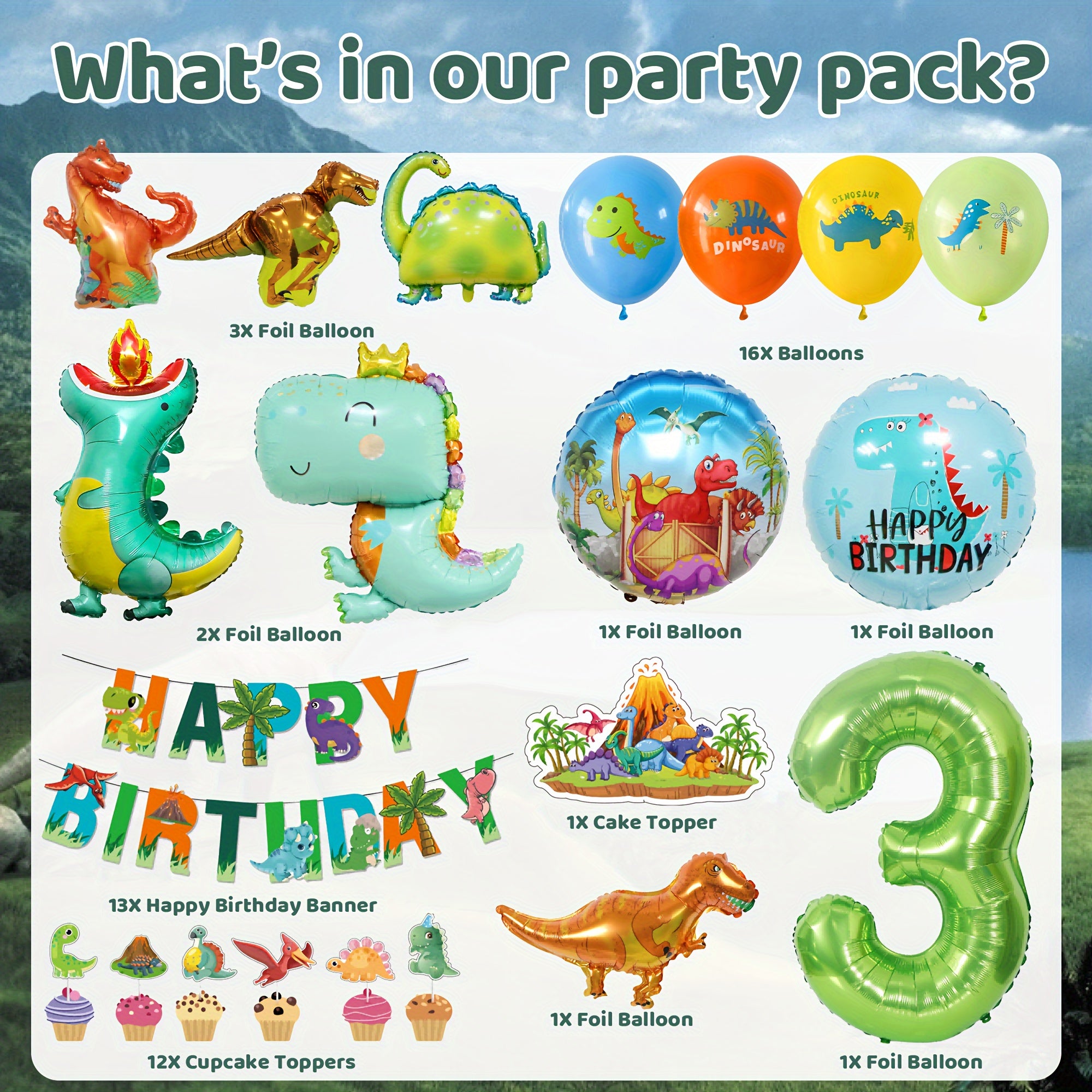 Dinosaur Birthday Decorations Set - Banners, Foil Balloons, Latex Balloons