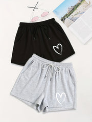 2 Pack Heart Print Drawstring Casual Shorts Women's Clothing