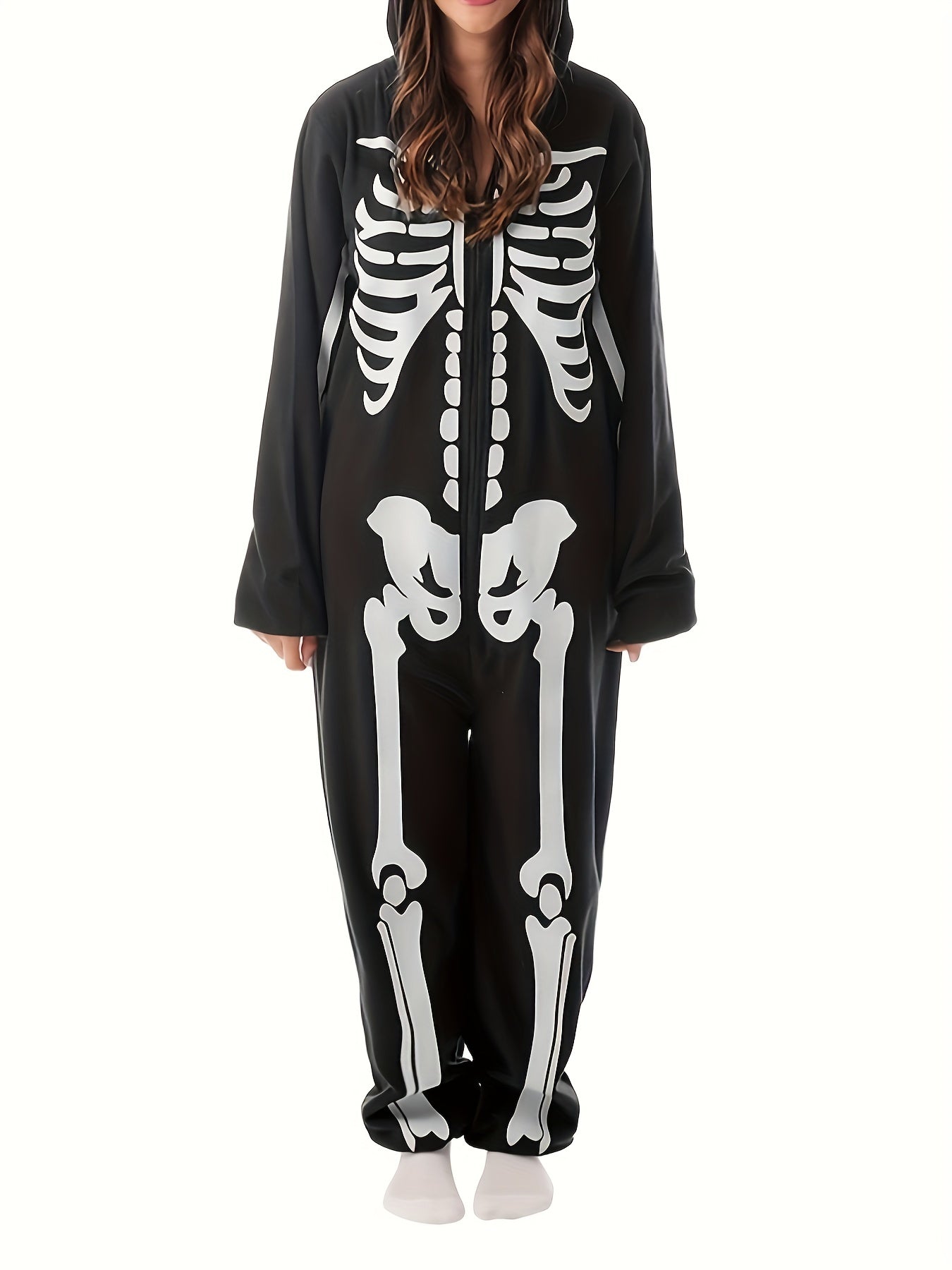 Gothic Skeleton Print Zipper Hooded Jumpsuit
