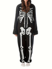 Gothic Skeleton Print Zipper Hooded Jumpsuit