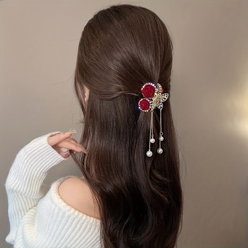 Red Rose Cherry Tassel Hair Clip - Small Flocking Ponytail Accessory