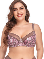 Contrast Lace Floral Print Sheer Underwire Bra Plus Size Full Coverage Bralette