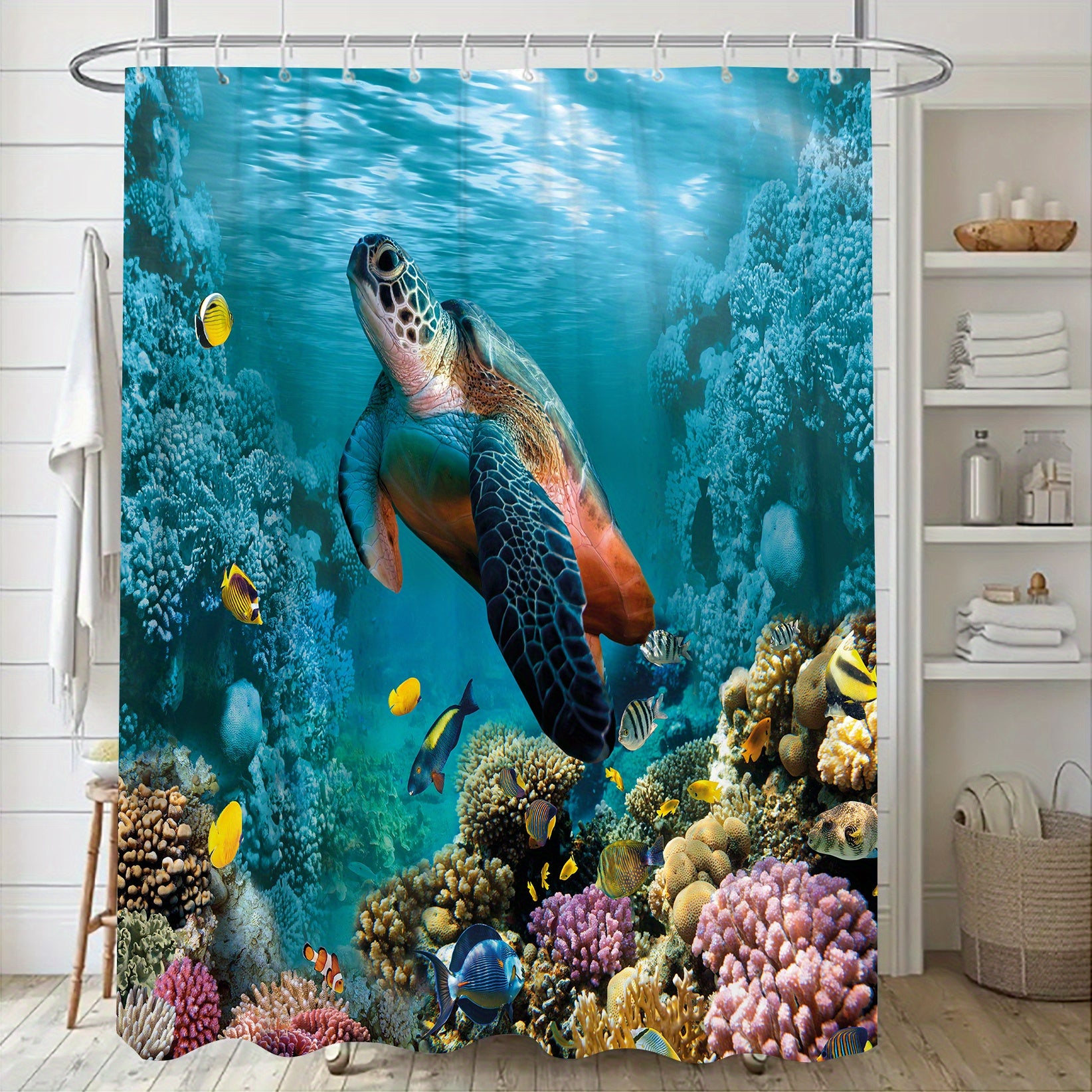 4pcs Waterproof Turtle Shower Curtain Set with 12 Hooks