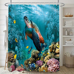 4pcs Waterproof Turtle Shower Curtain Set with 12 Hooks