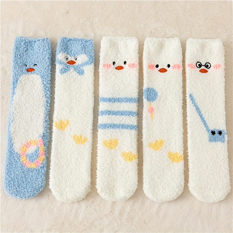 5 Pairs Cute Duck Print Comfy & Fuzzy Socks Women's Stockings
