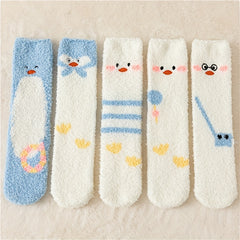 5 Pairs Cute Duck Print Comfy & Fuzzy Socks Women's Stockings