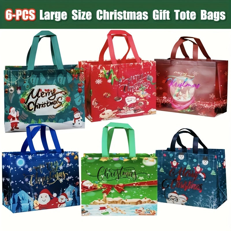 6pcs Christmas Gift Bags, Reusable Reinforced Handle Grocery Bags
