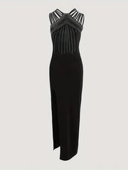 Rhinestone Maxi Party Dress Split Thigh Sleeveless