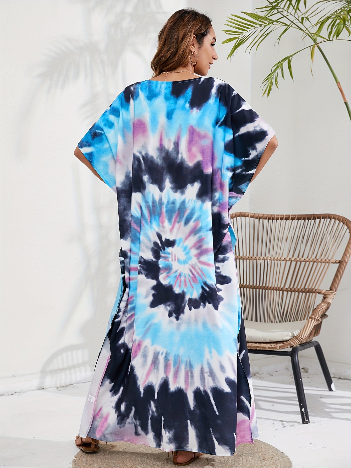 Boho Cover Up Women's Plus Spiral Tie Dye Batwing Sleeve
