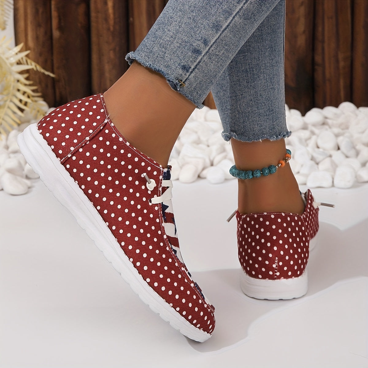 Women's Polka Dot & Star Pattern Canvas Shoes Casual Lace Up Outdoor Shoes