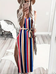 Striped Side Split Cami Dress Casual V neck Belted Spaghetti Dress
