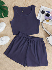 Solid Casual Two piece Set Sleeveless Crop Tank Top & Drawstring Waist Shorts