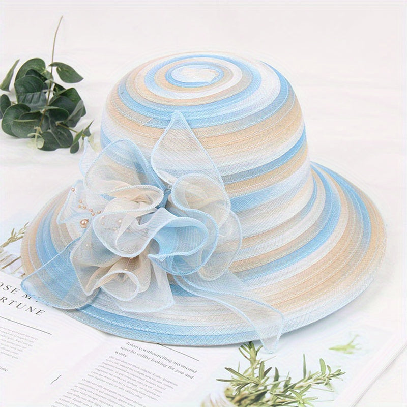 Candy Striped Sun Hat Rolled Brim Organza Flower Decor Bucket Hat