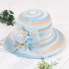 Candy Striped Sun Hat Rolled Brim Organza Flower Decor Bucket Hat