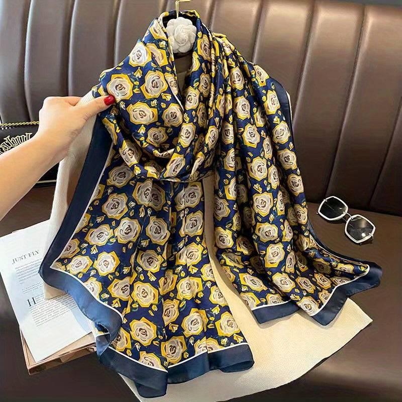 Vintage Camellia Print Silk Scarf Shawl Head Wrap Women Sunscreen