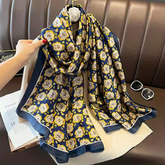 Vintage Camellia Print Silk Scarf Shawl Head Wrap Women Sunscreen