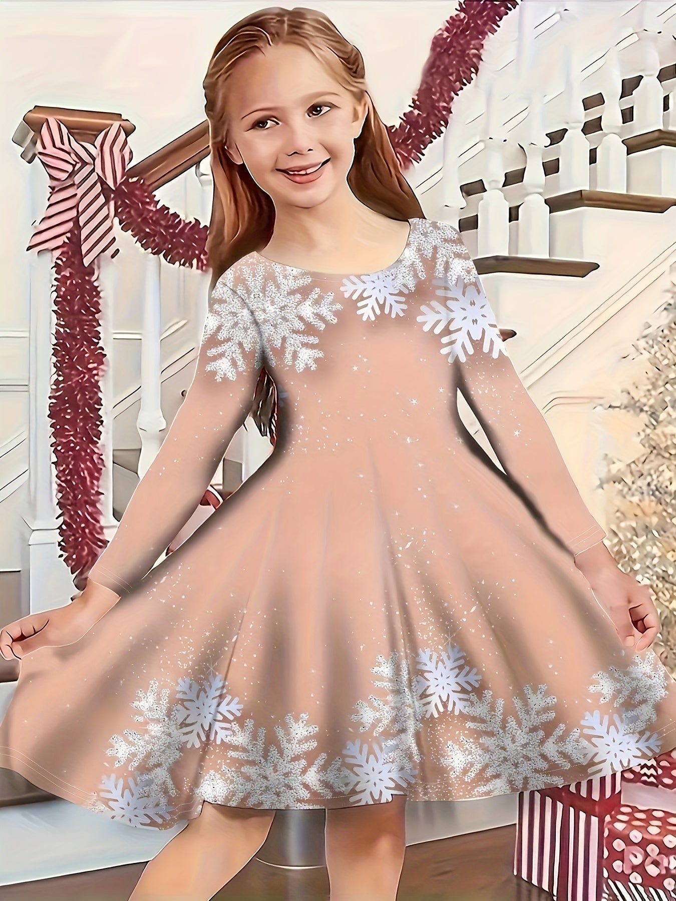 Snowman Graphic Long Sleeve Dress Girls Spring Fall Christmas Gift Party
