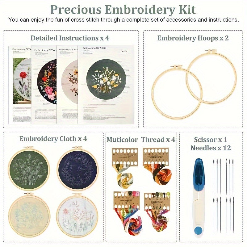 4 Sets Cross Stitch Embroidery Starter Kit DIY Craft Tool