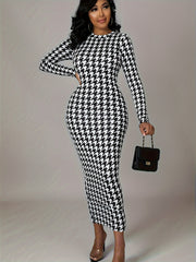 Women's Houndstooth Print Long Sleeve Maxi Dress