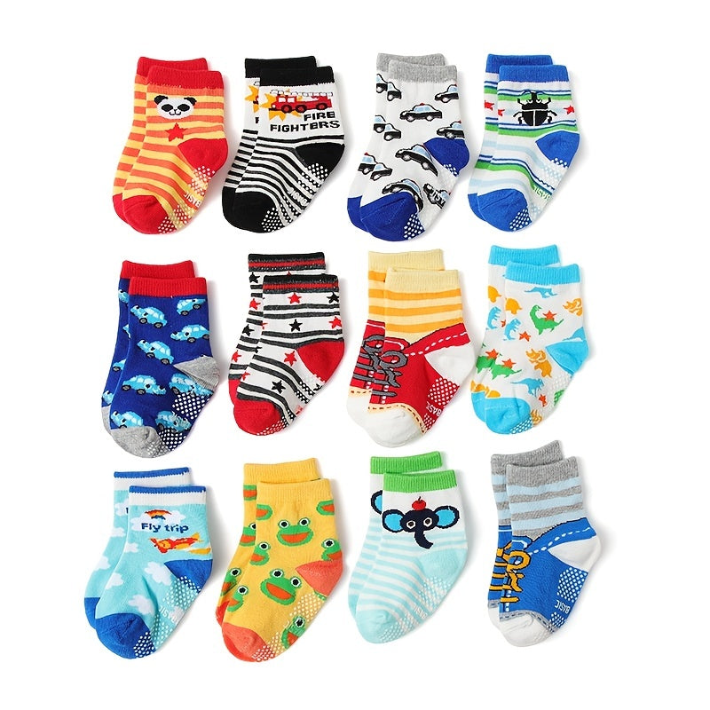 12pairs Baby Animal Car Print Crew Socks Non slip Cotton Toddler Socks