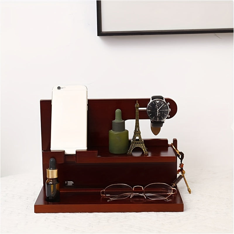 Men's Wooden Bedroom Organizer 2 Shelf Storage for Phone Keys Watches & Tools