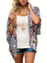 Floral Print V Neck Cover Up Puff Sleeve Kimono