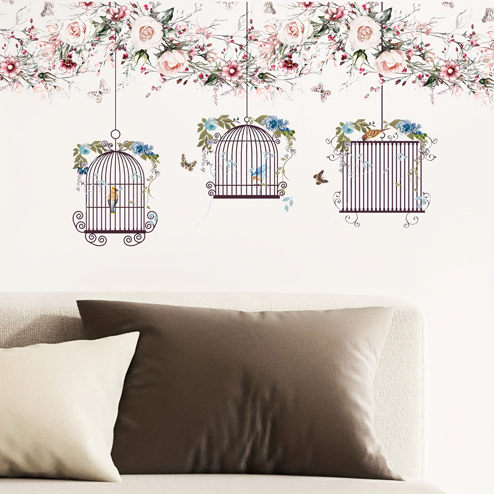 Flowers Wall Stickers DIY Butterfly Green Leaves Birdcage Parrots Wall Decals