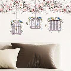Flowers Wall Stickers DIY Butterfly Green Leaves Birdcage Parrots Wall Decals