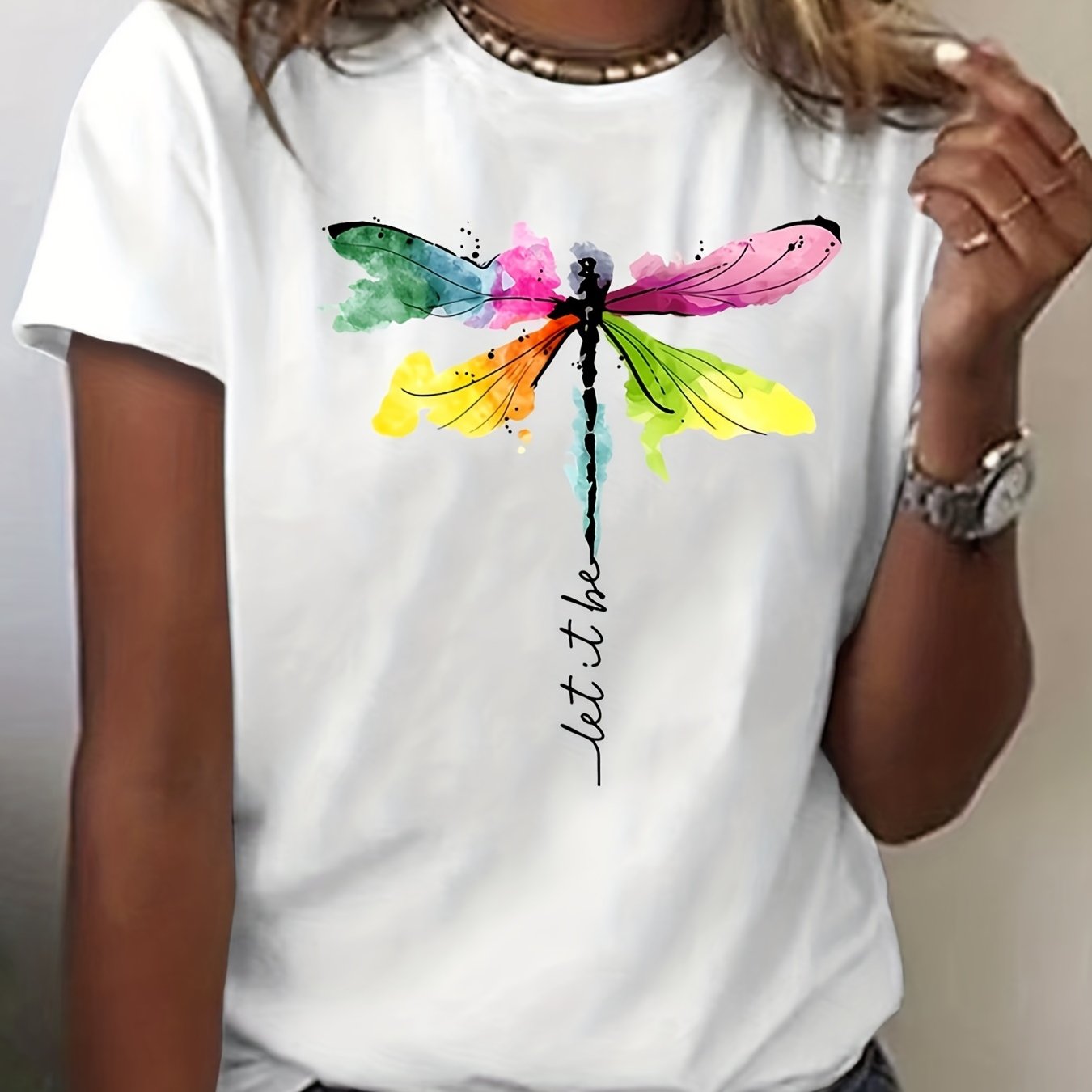 Dragonfly Printed Casual Sports T-shirt Short Sleeve Women's Top