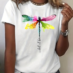 Dragonfly Printed Casual Sports T-shirt Short Sleeve Women's Top
