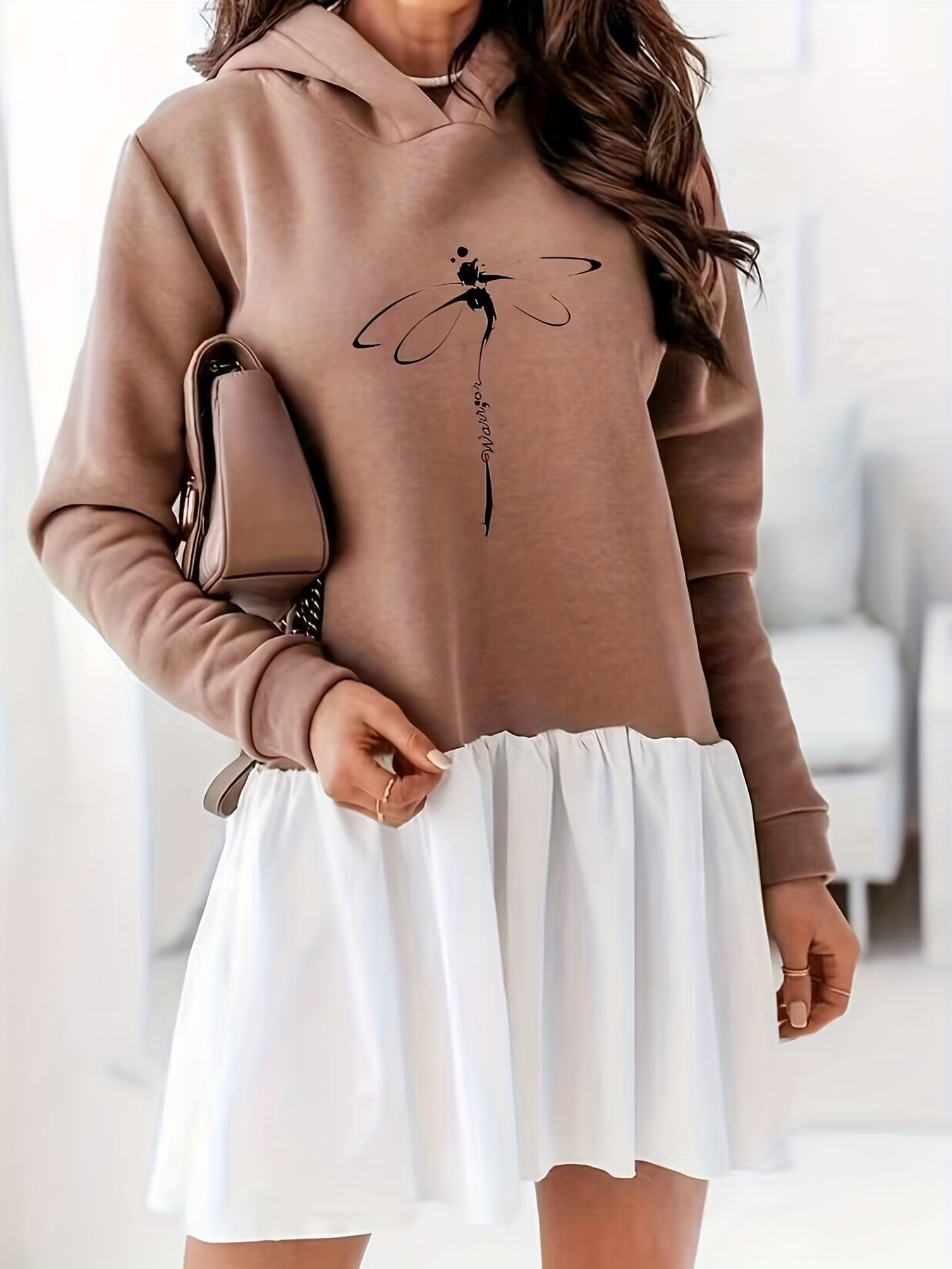 Dragonfly Print Hooded Dress Casual Long Sleeve Stitched Dress